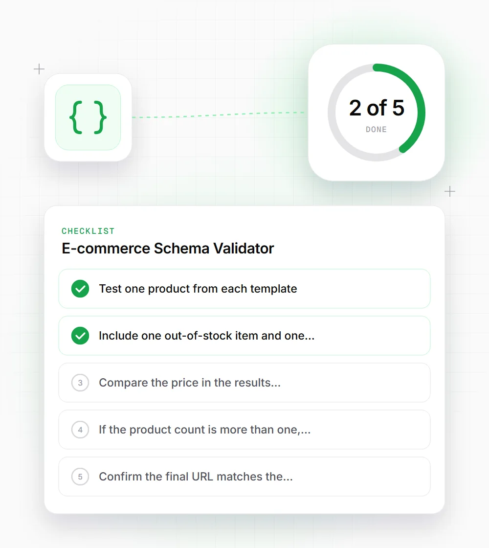 E-commerce Schema Validator tips illustration: a checklist card that starts with "Test one product from each template" and "Include one out-of-stock item and one"