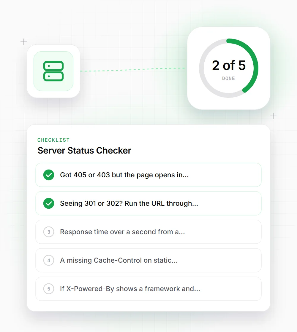 Server Status Checker tips illustration: a checklist card that starts with "Got 405 or 403 but the page opens in" and "Seeing 301 or 302? Run the URL through"