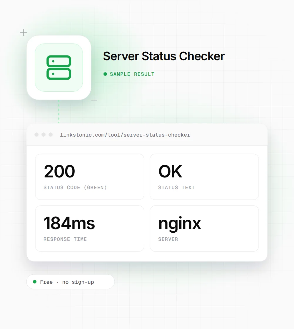 Server Status Checker illustration: a server icon next to a sample result card showing 200 status code and OK status text