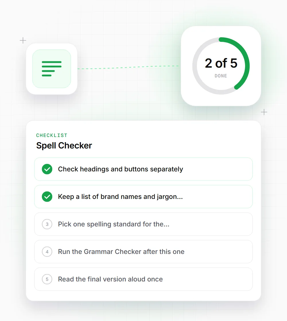 Spell Checker tips illustration: a checklist card that starts with "Check headings and buttons separately" and "Keep a list of brand names and jargon"