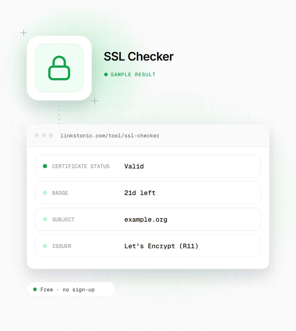 SSL Checker illustration: a padlock icon next to a sample result card with certificate status and badge rows