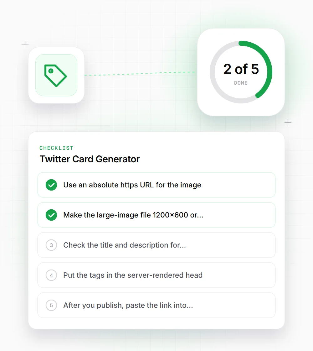 Twitter Card Generator tips illustration: a checklist card that starts with "Use an absolute https URL for the image" and "Make the large-image file 1200x600 or"