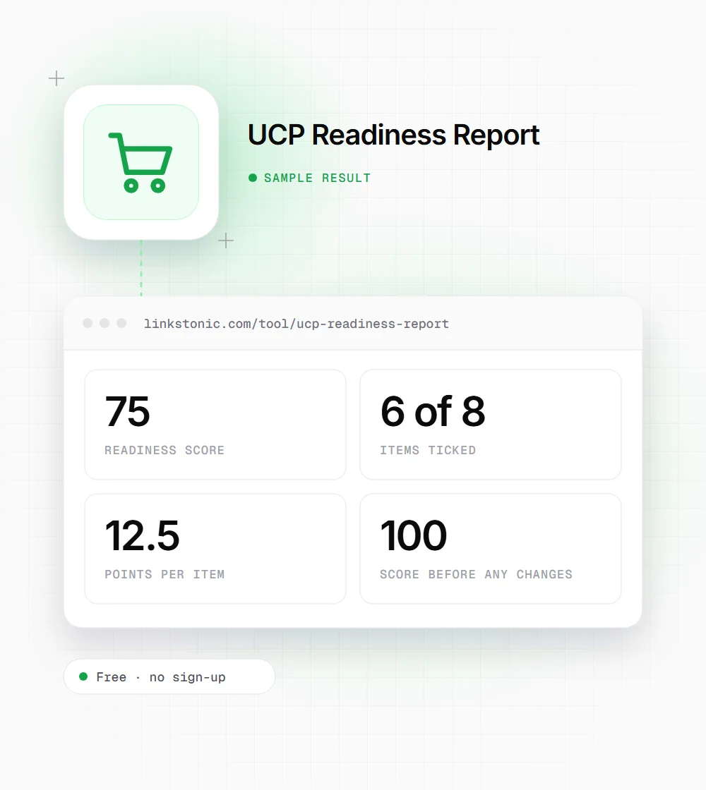 UCP Readiness Report illustration: a shopping cart icon next to a sample result card showing 75 readiness score and 6 of 8 items ticked