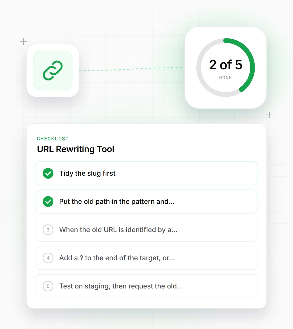 URL Rewriting Tool tips illustration: a checklist card that starts with "Tidy the slug first" and "Put the old path in the pattern and"