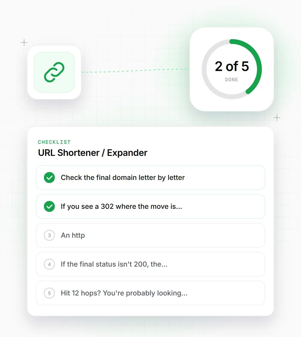 URL Shortener / Expander tips illustration: a checklist card that starts with "Check the final domain letter by letter" and "If you see a 302 where the move is"