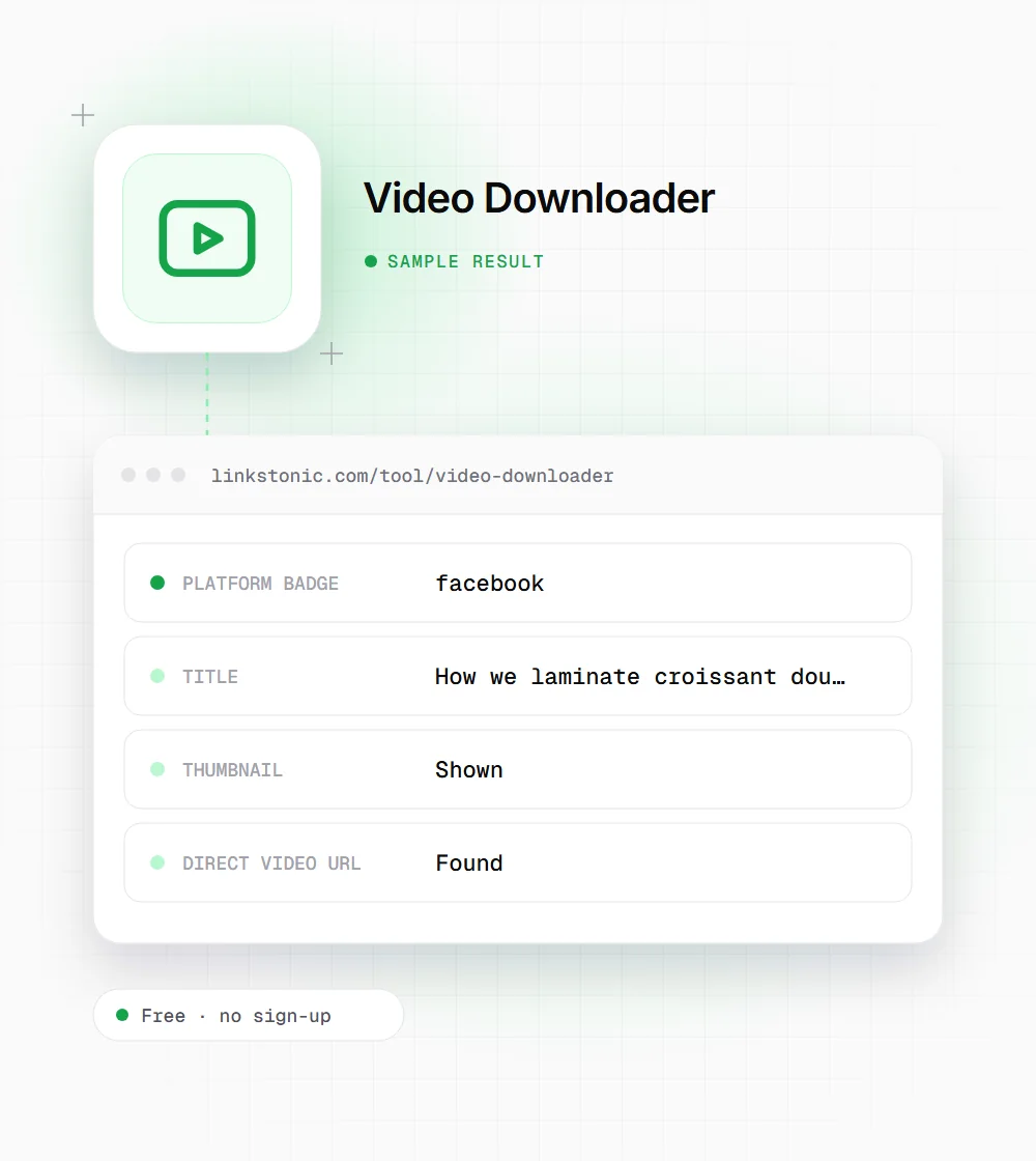 Video Downloader illustration: a video icon next to a sample result card with platform badge and title rows