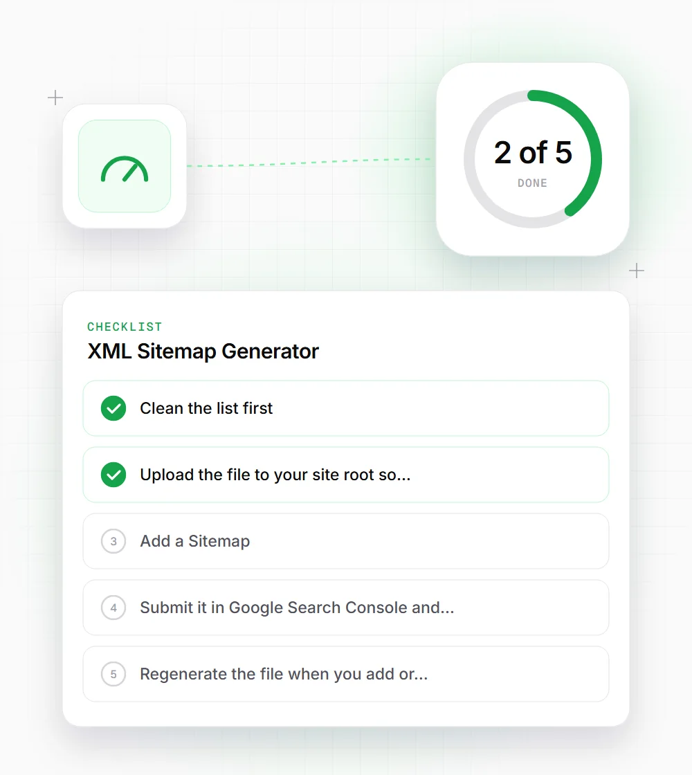 XML Sitemap Generator tips illustration: a checklist card that starts with "Clean the list first" and "Upload the file to your site root so"