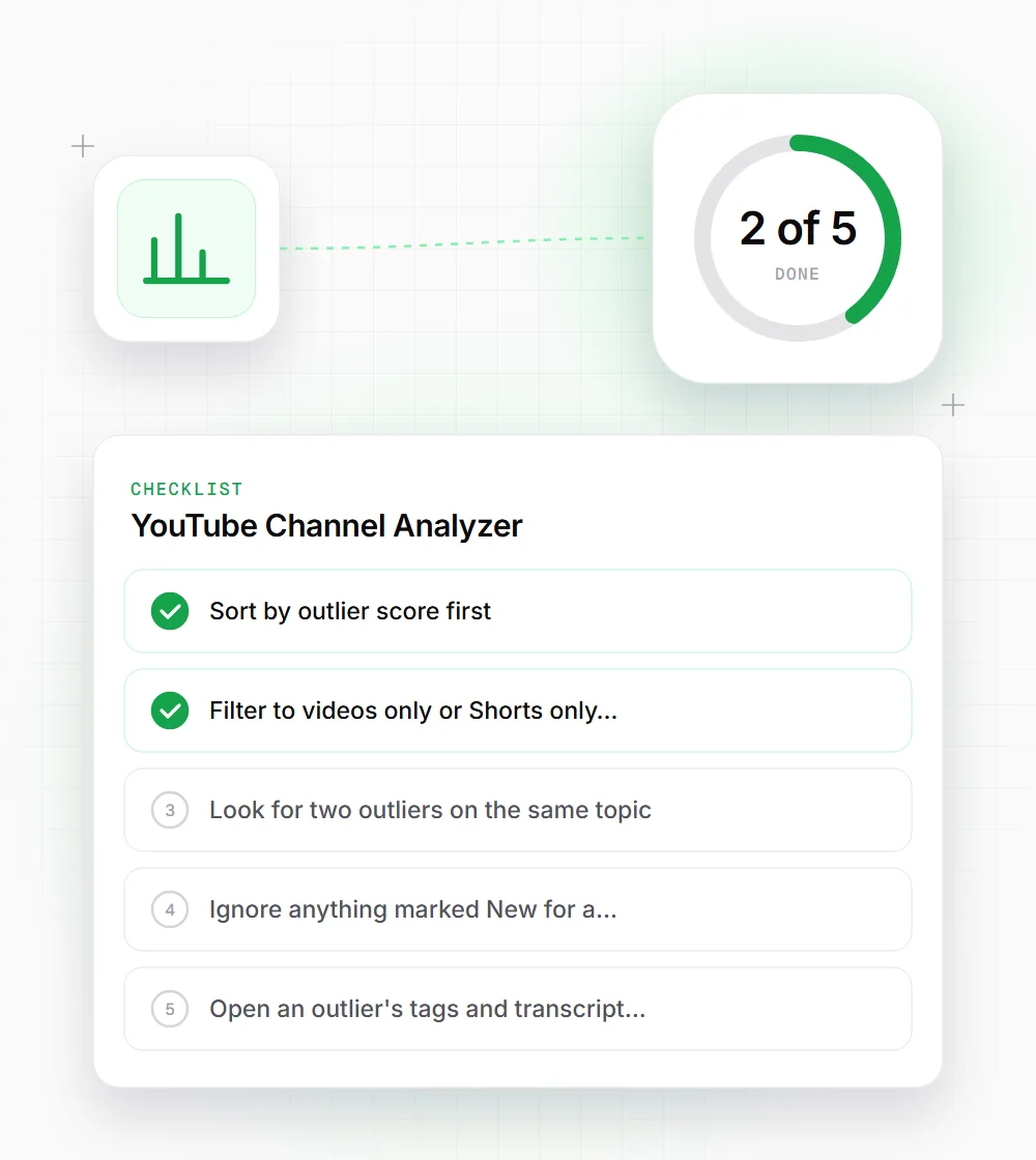 YouTube Channel Analyzer tips illustration: a checklist card that starts with "Sort by outlier score first" and "Filter to videos only or Shorts only"