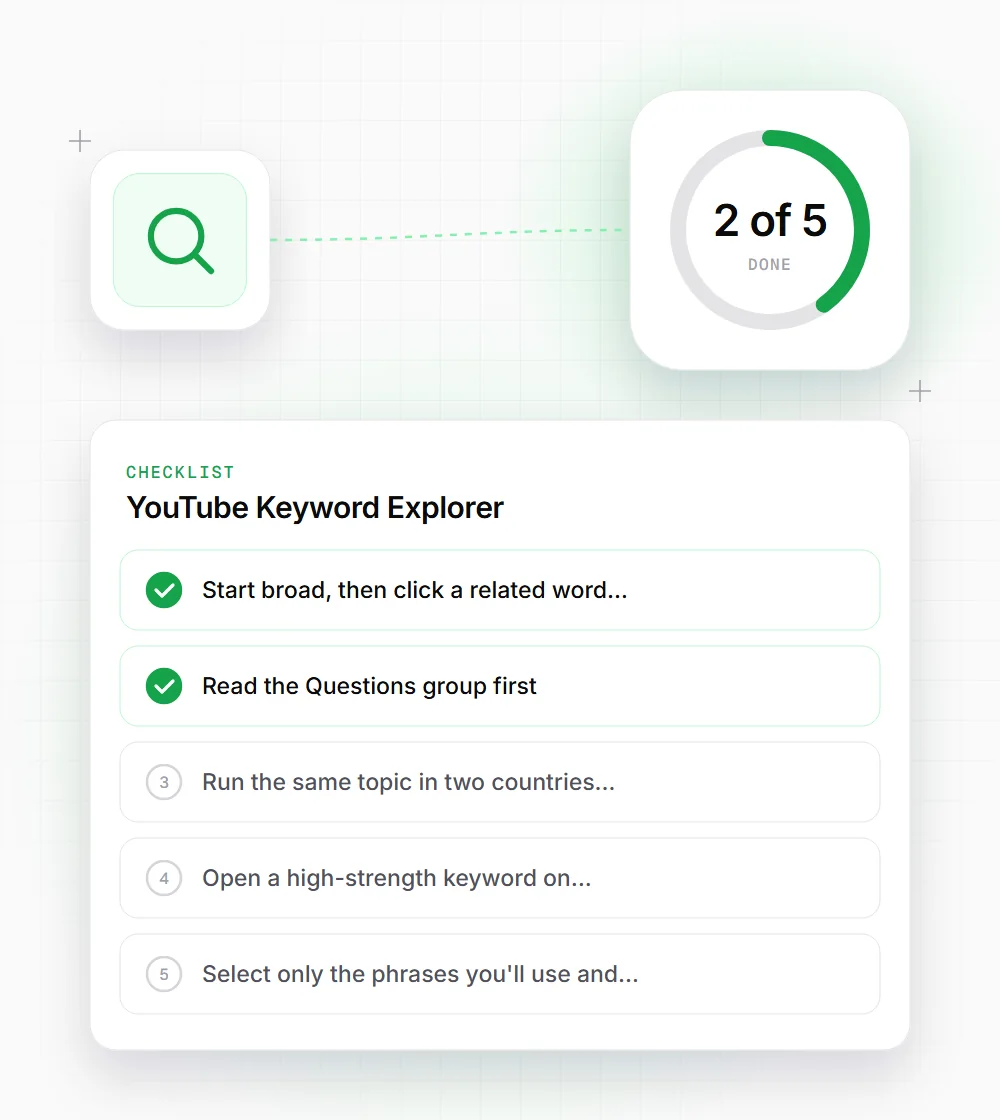 YouTube Keyword Explorer tips illustration: a checklist card that starts with "Start broad, then click a related word" and "Read the Questions group first"