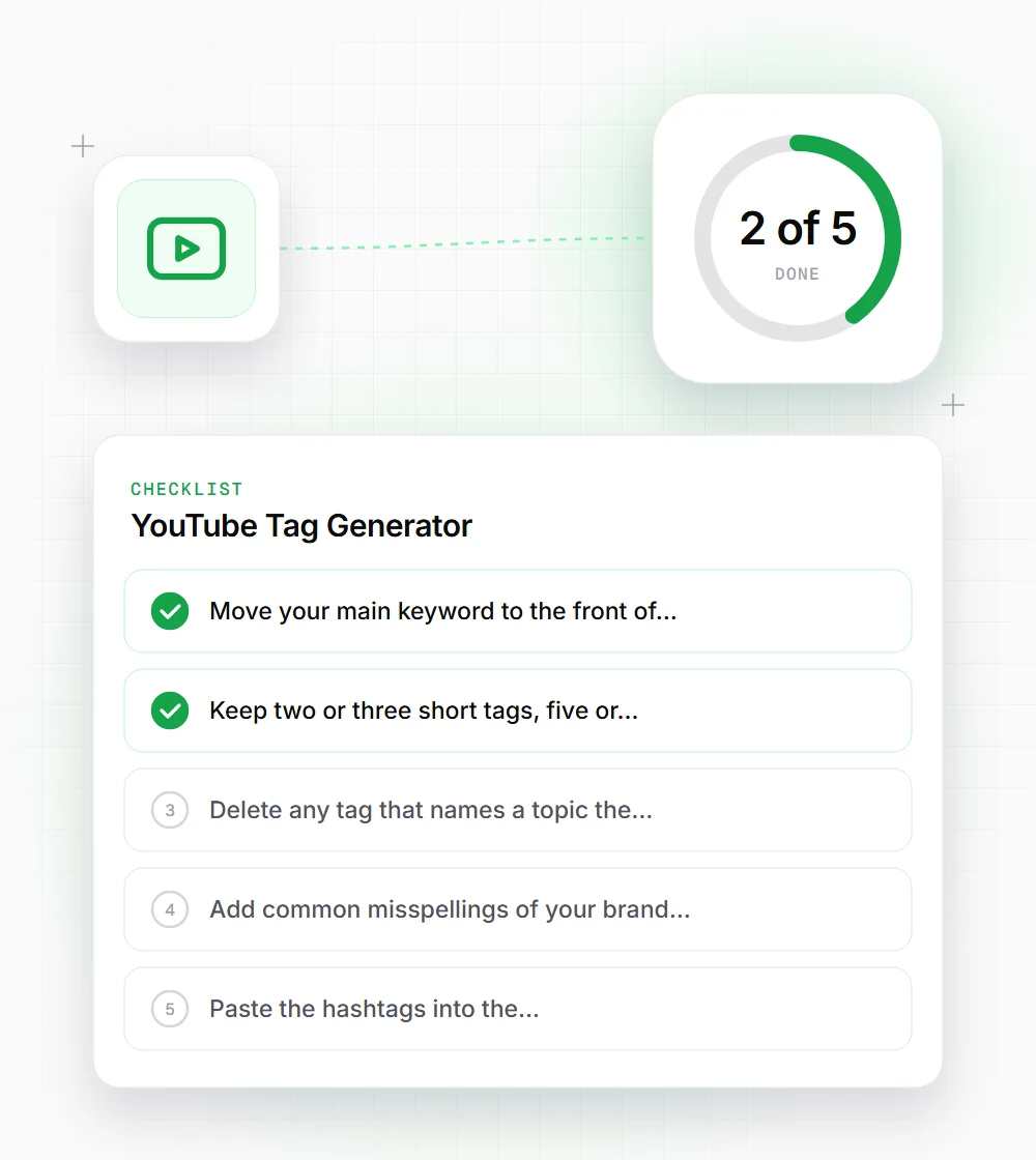 YouTube Tag Generator tips illustration: a checklist card that starts with "Move your main keyword to the front of" and "Keep two or three short tags, five or"