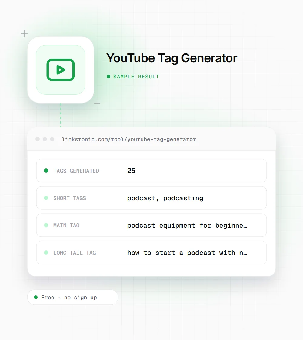 YouTube Tag Generator illustration: a video icon next to a sample result card with tags generated and short tags rows