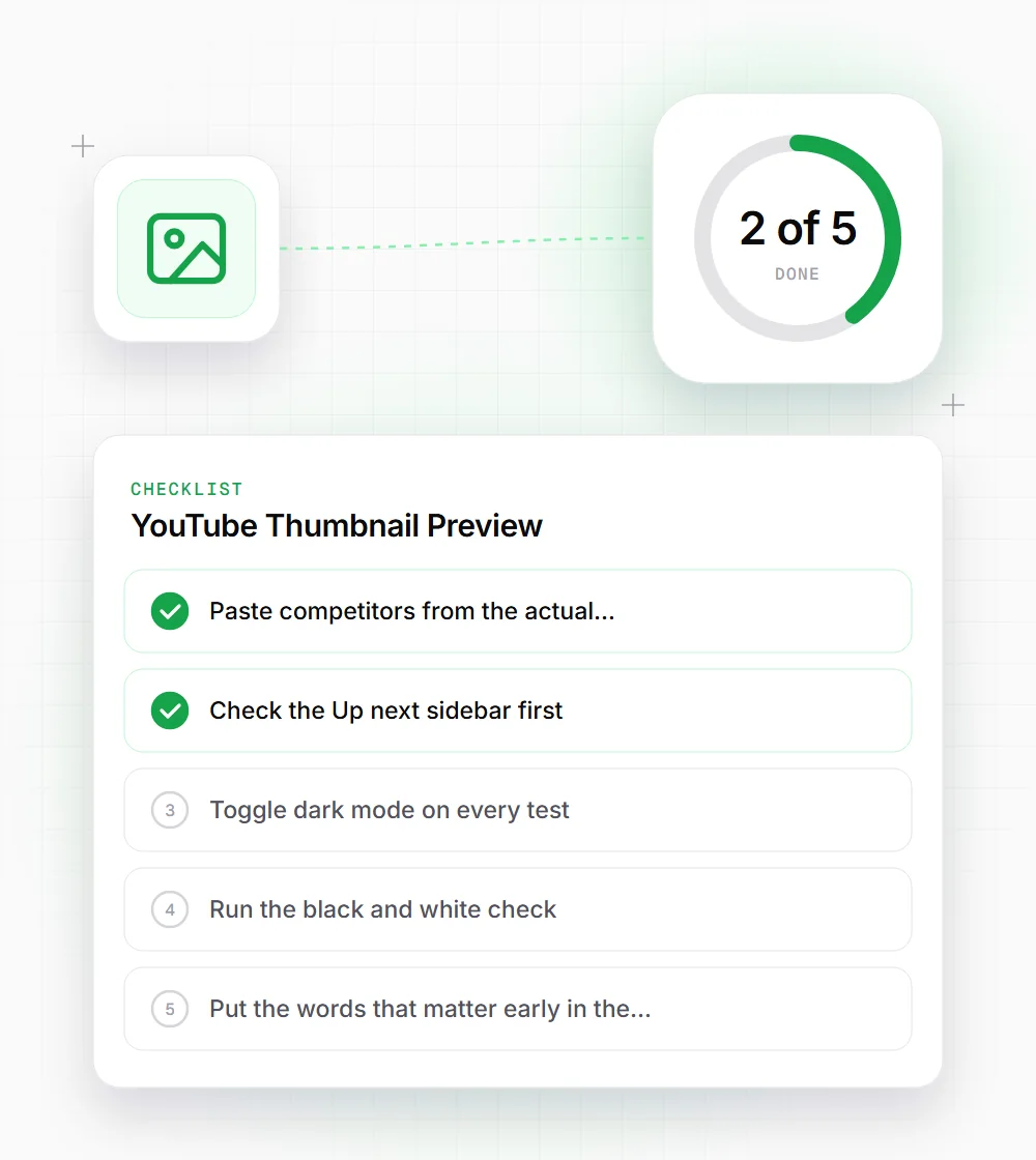 YouTube Thumbnail Preview tips illustration: a checklist card that starts with "Paste competitors from the actual" and "Check the Up next sidebar first"