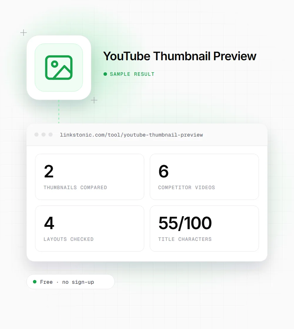 YouTube Thumbnail Preview illustration: a image icon next to a sample result card showing 2 thumbnails compared and 6 competitor videos