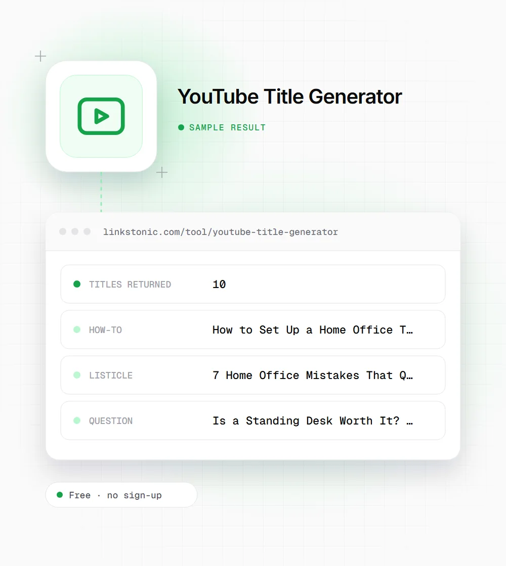 YouTube Title Generator illustration: a video icon next to a sample result card with titles returned and how-to rows