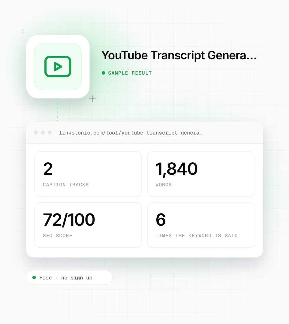 YouTube Transcript Generator illustration: a video icon next to a sample result card showing 2 caption tracks and 1,840 words